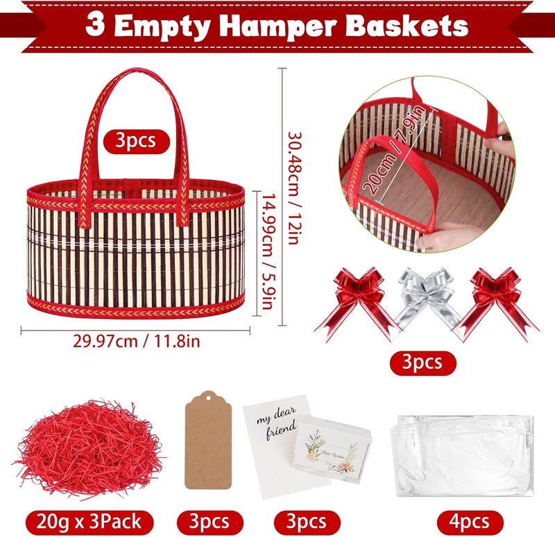 Dreamtop 3 Set Baskets for Gifts Empty, Woven Bamboo Gift Basket Empty Large with Handles, Sturdy Gift Basket Kit Empty to Fill for Christmas Birthday Baby Shower Wedding Gift (Red) - Image 2